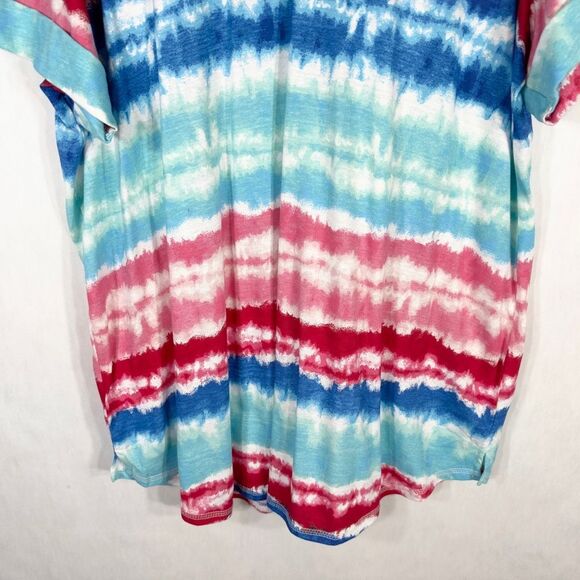 Woman Within Plus Size 1X 22W 24W Top Blue Red Tie Dye Striped V‎ Neck 1652 - Picture 4 of 9
